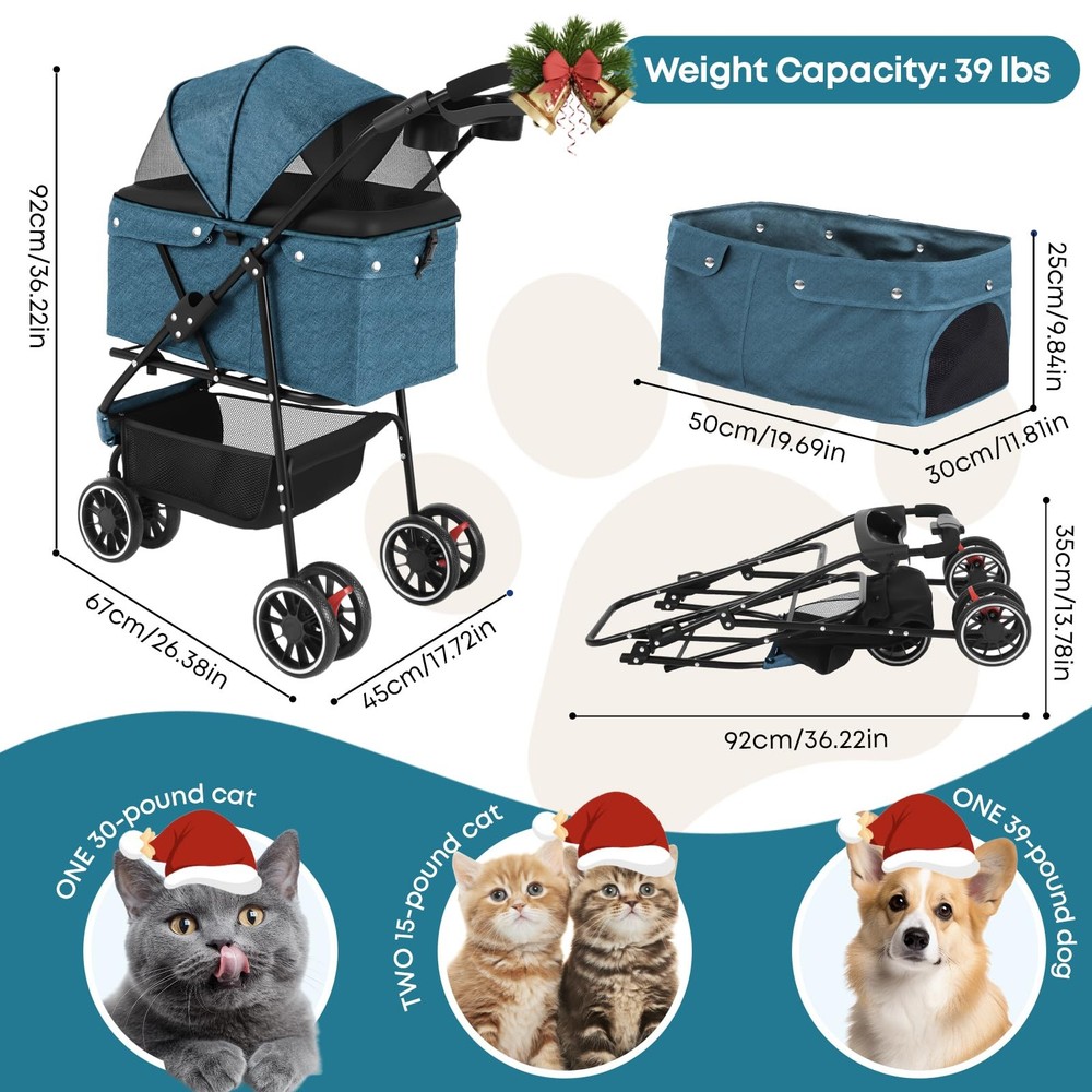 Pet Stroller,Dog Stroller for Small Medium Dogs Cats,3 Wheels,Foldable,with B...