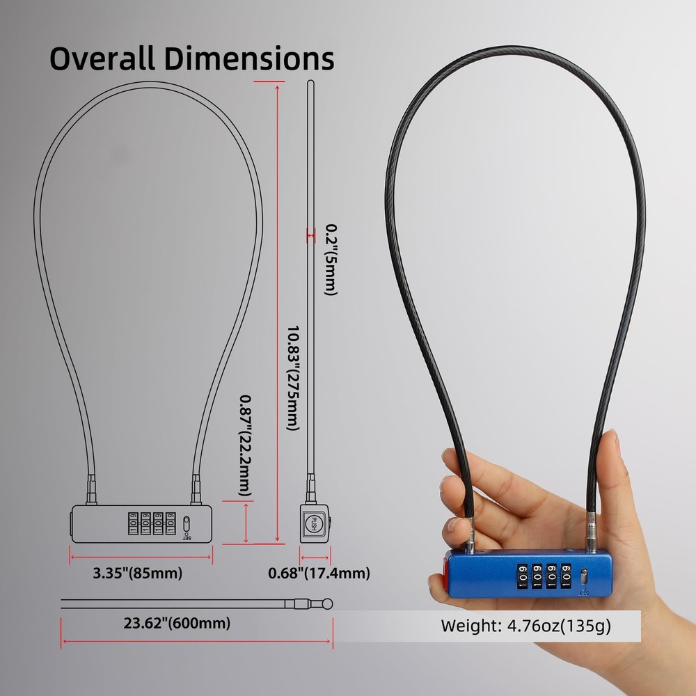 UP Security Combination Lock Outdoor, 2 ft (60 cm) Cable, Black+Blue, 2-Pack