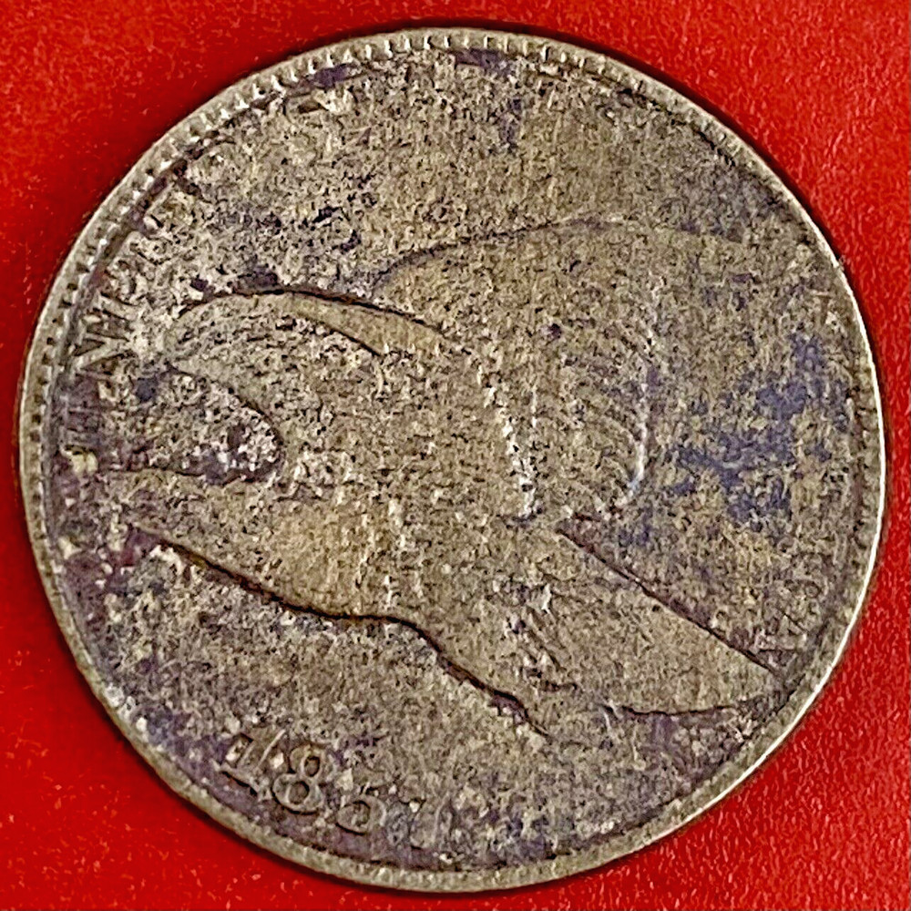 1857 FLYING EAGLE CENT, STRIKE THRU ERROR OBV
