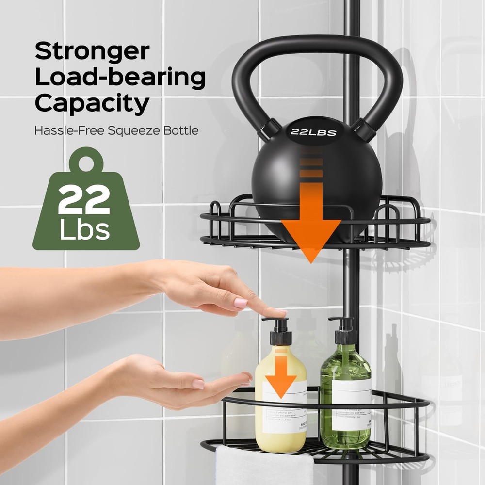 Bathtub Storage Caddy, 47-121 Inch Adjustable Pole, 4 Tier, Black