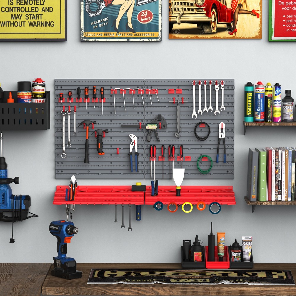 54 Piece Hanging Panel Tool Organization Rack for Garage Wall, 50 Hooks