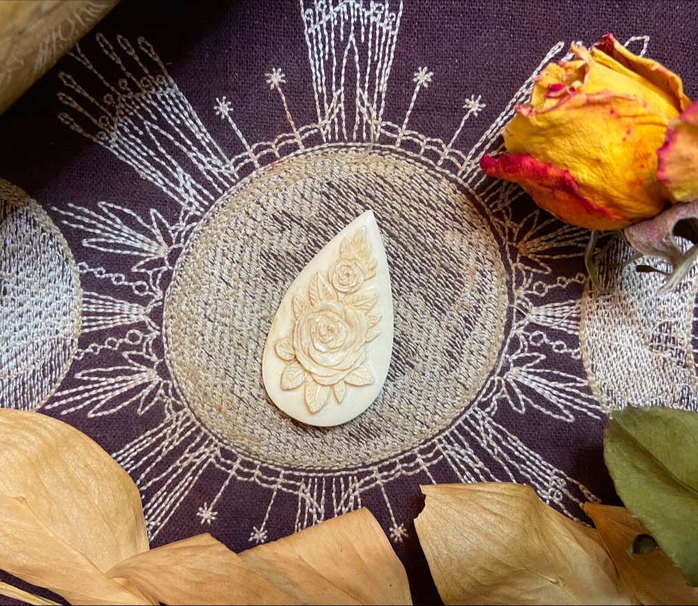 Bovine Bone Rose Carving, Ethically Sourced Cow Bone