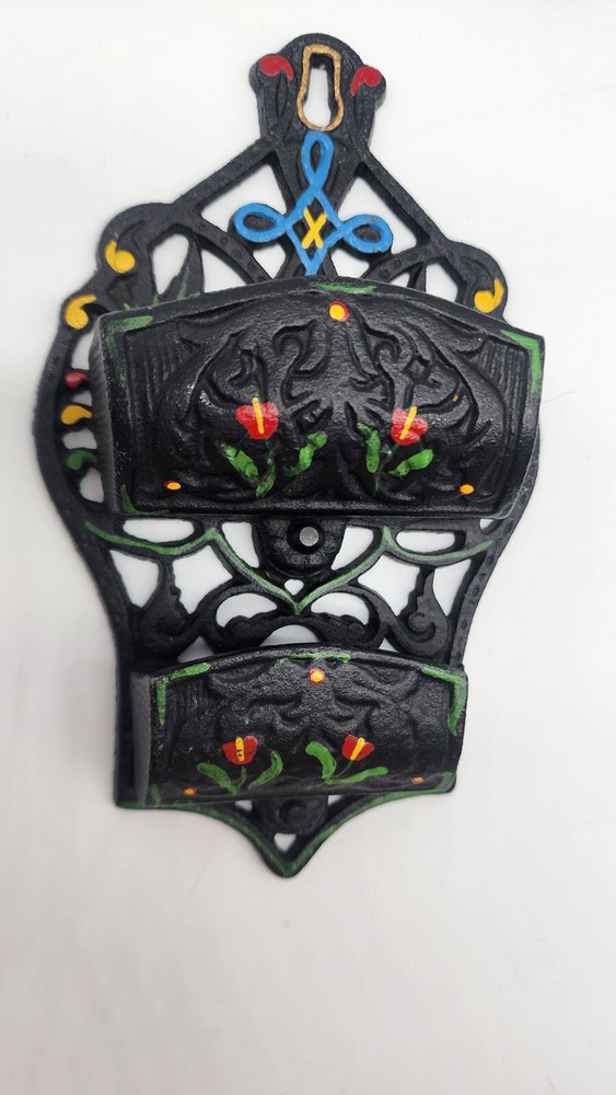Vintage Wilton Polychrome Cast Iron Wall Mount Kitchen Double Match Holder Safe