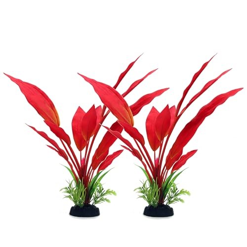 Silk Aquarium Plants, 12 Inch Artificial Silk Plants Decorations 2 Pack Red