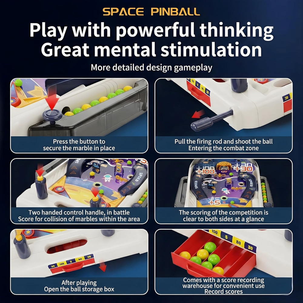 Tabletop Pinball Machine — Space Board Game with Obstacles, Pull-Rod Launcher, T