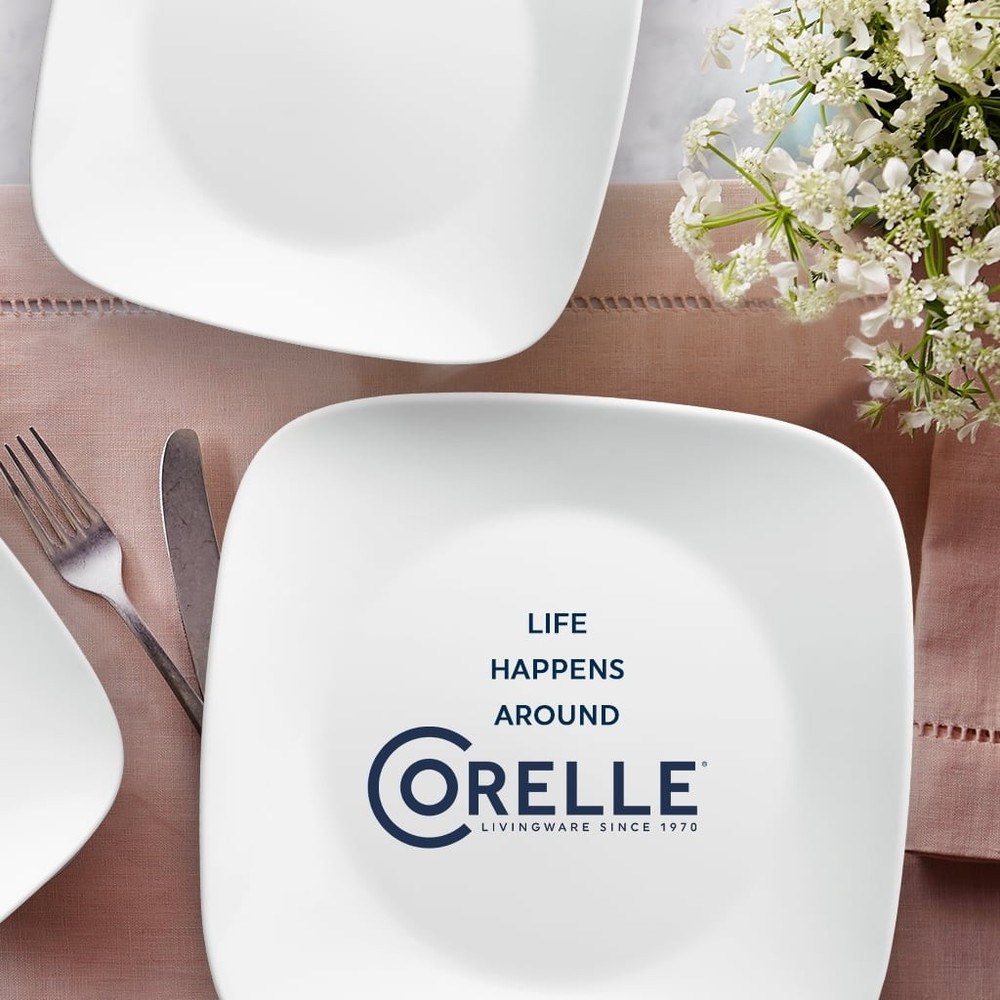 12 Piece Glass Dinnerware Set Pure White Square W/ Stackable & Chip Resistant