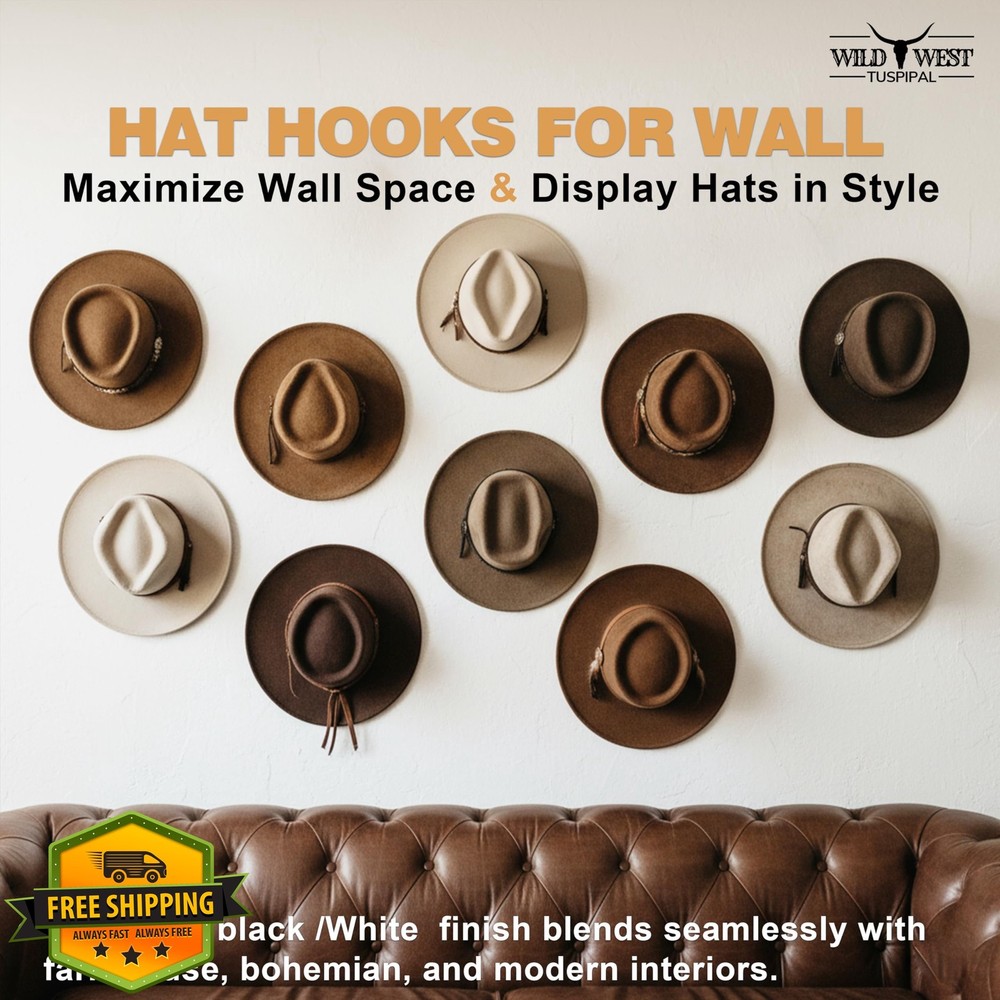 TUSPIPAL Hat Hooks 8 Pack Black, Wall Mount Cowboy Hat Rack