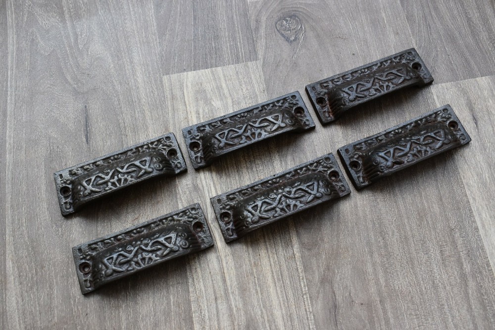 Victorian cast iron Cup cabinet drawer door knobs handles pull rustic 6 pcs