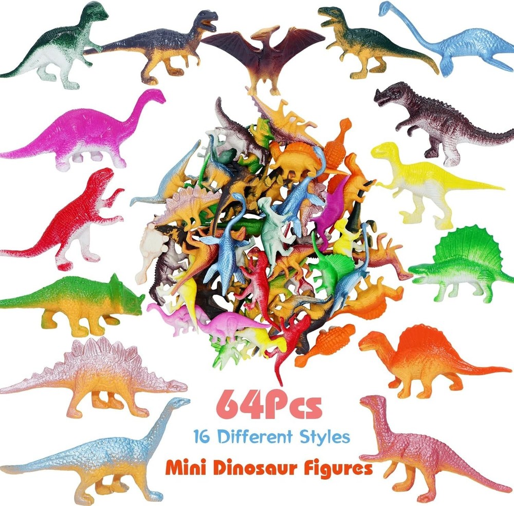 64Pcs Mini Dinosaur Figures, Assorted Small Plastic White, Red, Pink, Purple