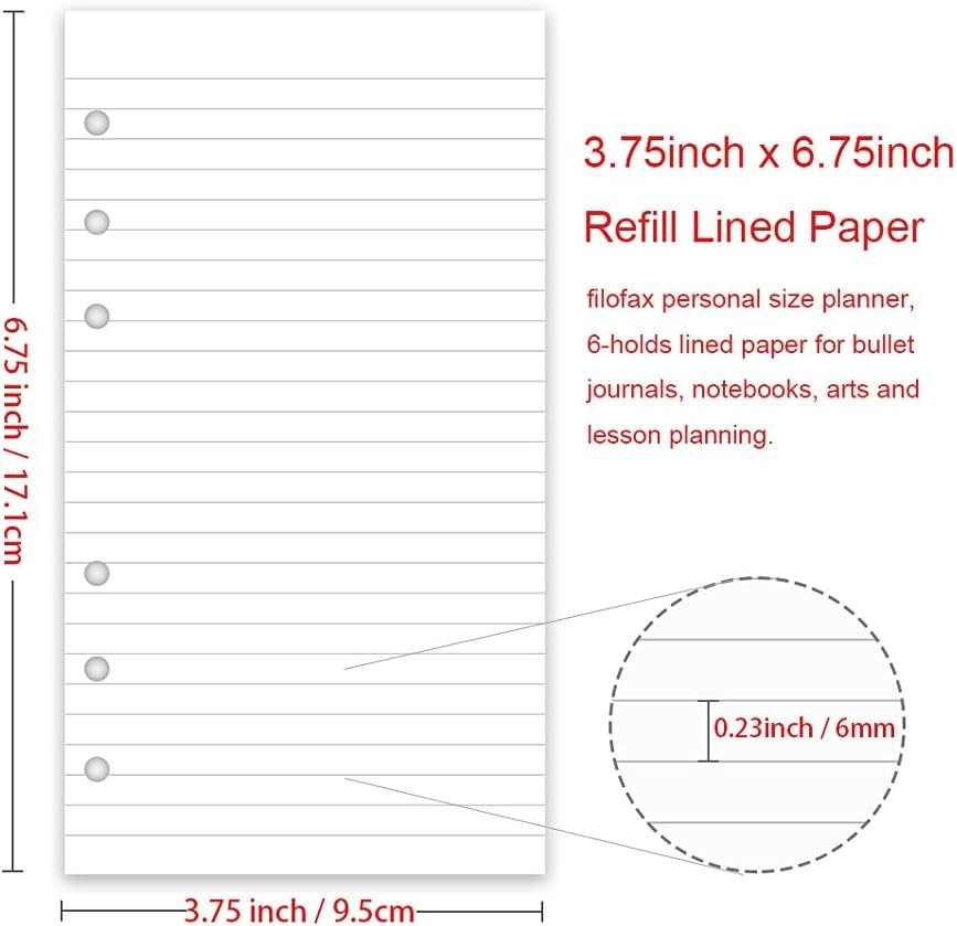 A6 Lined Refill Paper 2 Pack 200 Sheets/400 Pages for Personal Binders