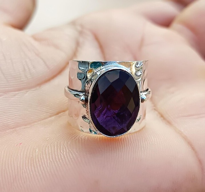 Solid 925 Sterling Silver Natural Amethyst Gemstone Hammered Wide Band Boho Ring