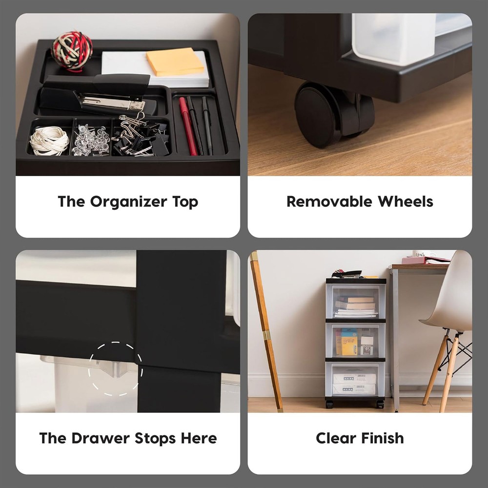IRIS USA 2 Pack 3-Drawer Plastic Storage Organizer Cart with Caster Wheels