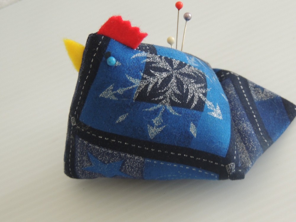 Chicken Pin Cushion BLUE Triangular Shape Quilted 5" FREE SHIP!