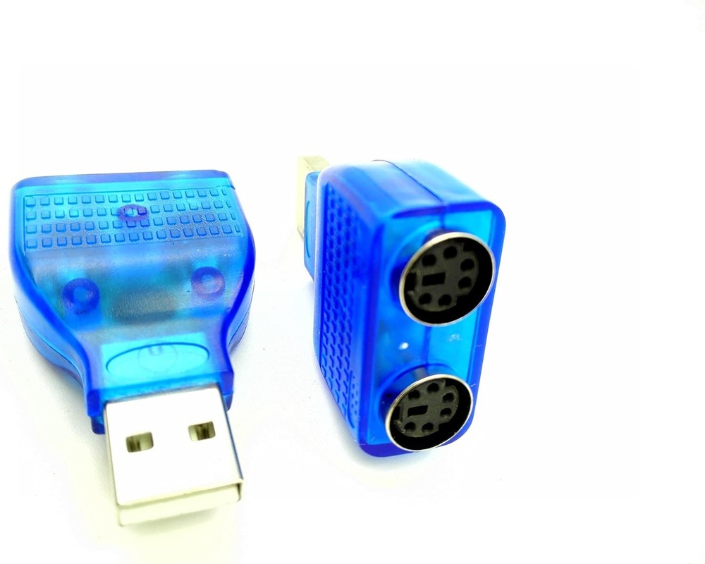 USB to PS/2 Adapter 2-Pack - Compact Blue & Silver Connector for Keyboards