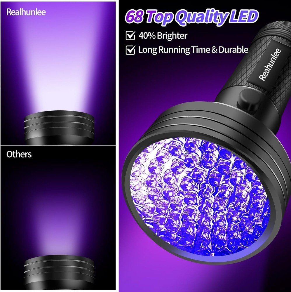 Professional UV Leak Detector Flashlight - 68 LEDs, Includes Glasses, 20 Hours