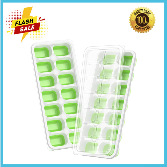 Ice Cube Tray with Lid, 2 Packs 28 Cubes Durable Stackable Easy-Release