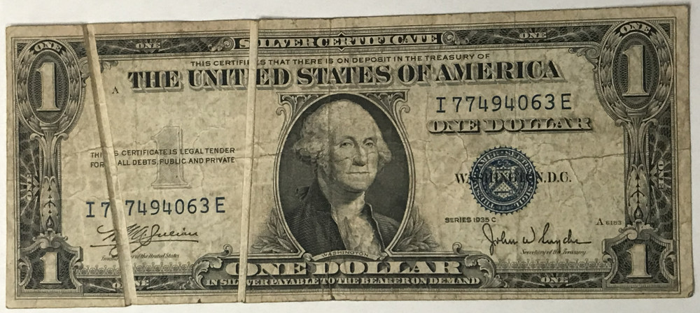 1935-C $1 One Dollar Silver Certificate Double Gutter Fold Printing Error