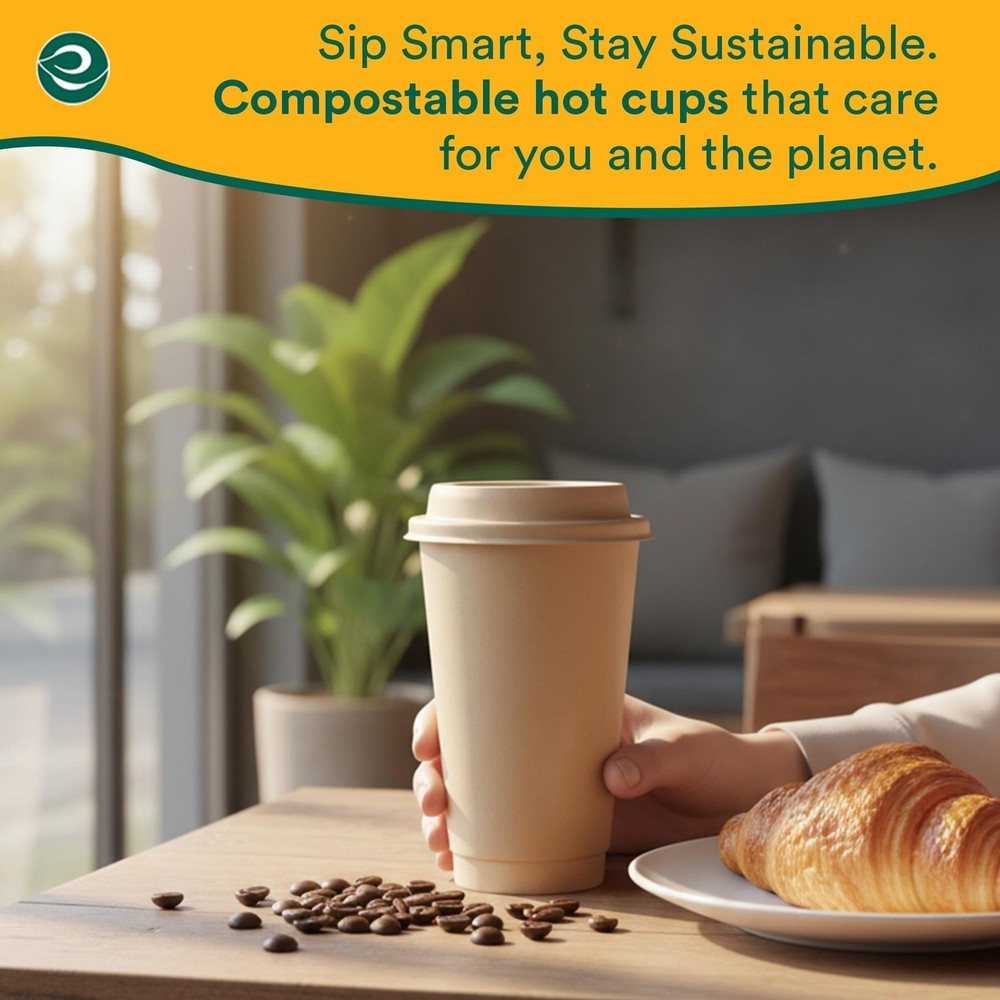 ECO SOUL 100-Pack 16 oz Disposable Compostable Coffee Cups w/ Lids Biodegradable