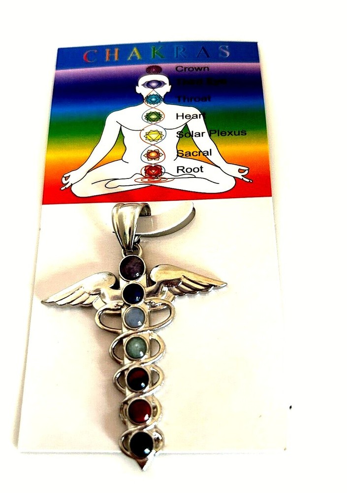 2 PC SET PENDANT CADUCEUS W/CHAKRA & GEM STONES 2"