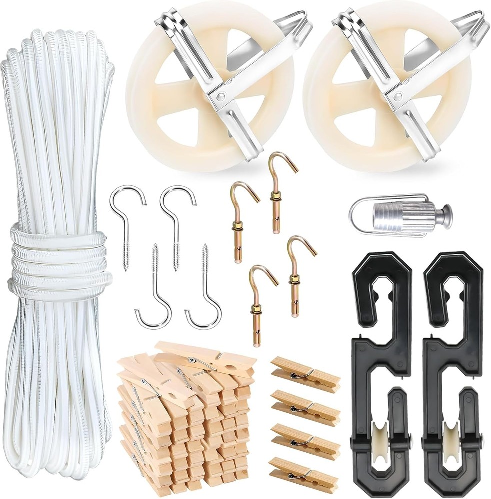 Clothes Line Outdoors, Clothes Line Pulley Kit Include 164ft Polyester