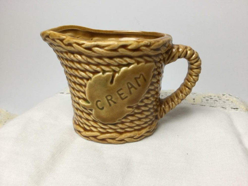 Vintage Brown Creamer Ceramic Rope Braid & Leaf Pattern Japan