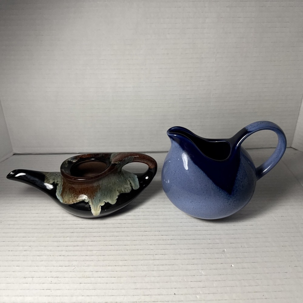 Teapots Drip Glaze And Blue Creamer Planter