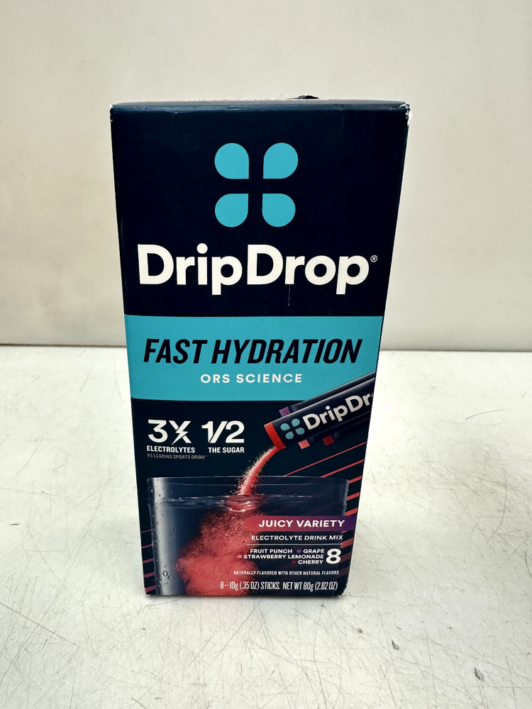 (4) DripDrop Hydration - Electrolyte Powder Packets - Grape, Fruit Punch,