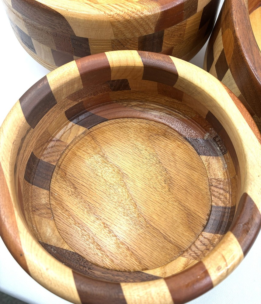Handcrafted Segmented Wood Pedestal Bowl Set 3pc Nested Wood Turned Bowls Rustic