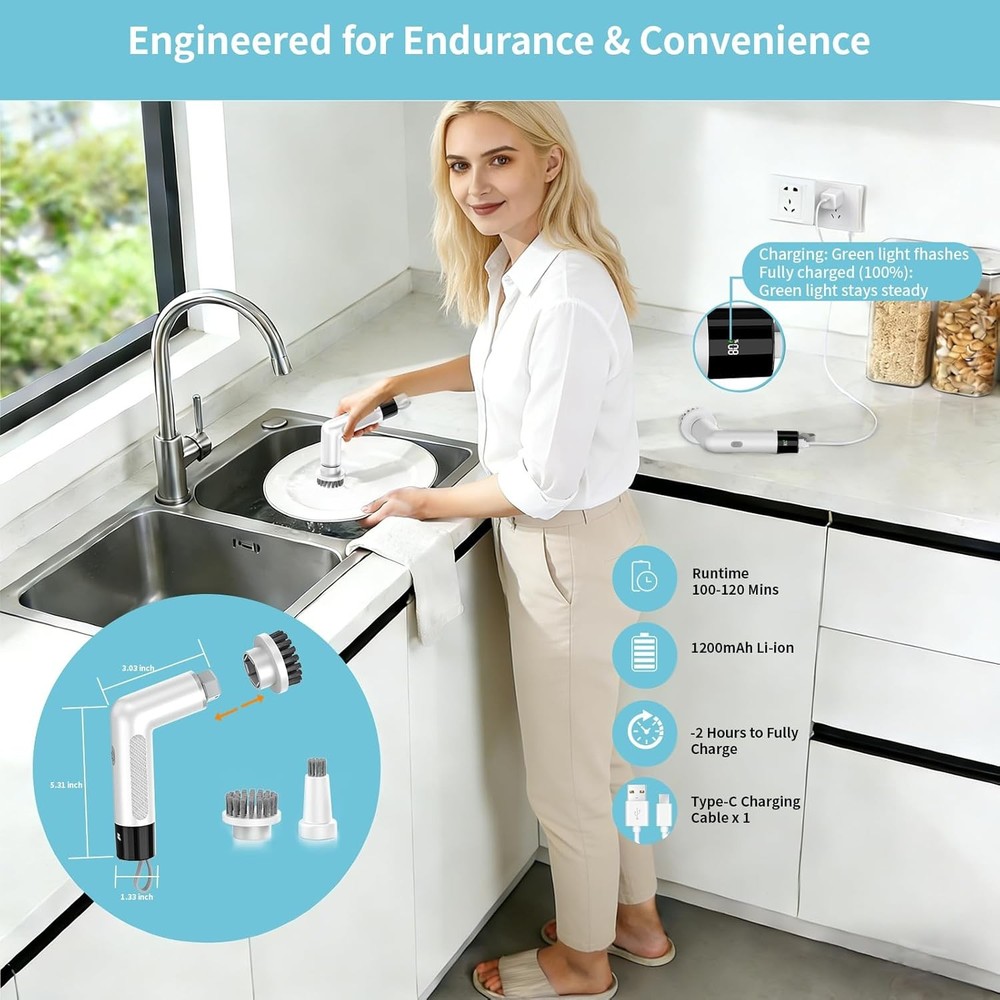 Electric Dish Scrubber, Mini Cordless Kitchen Cleaning Brush with 4 Replaceable