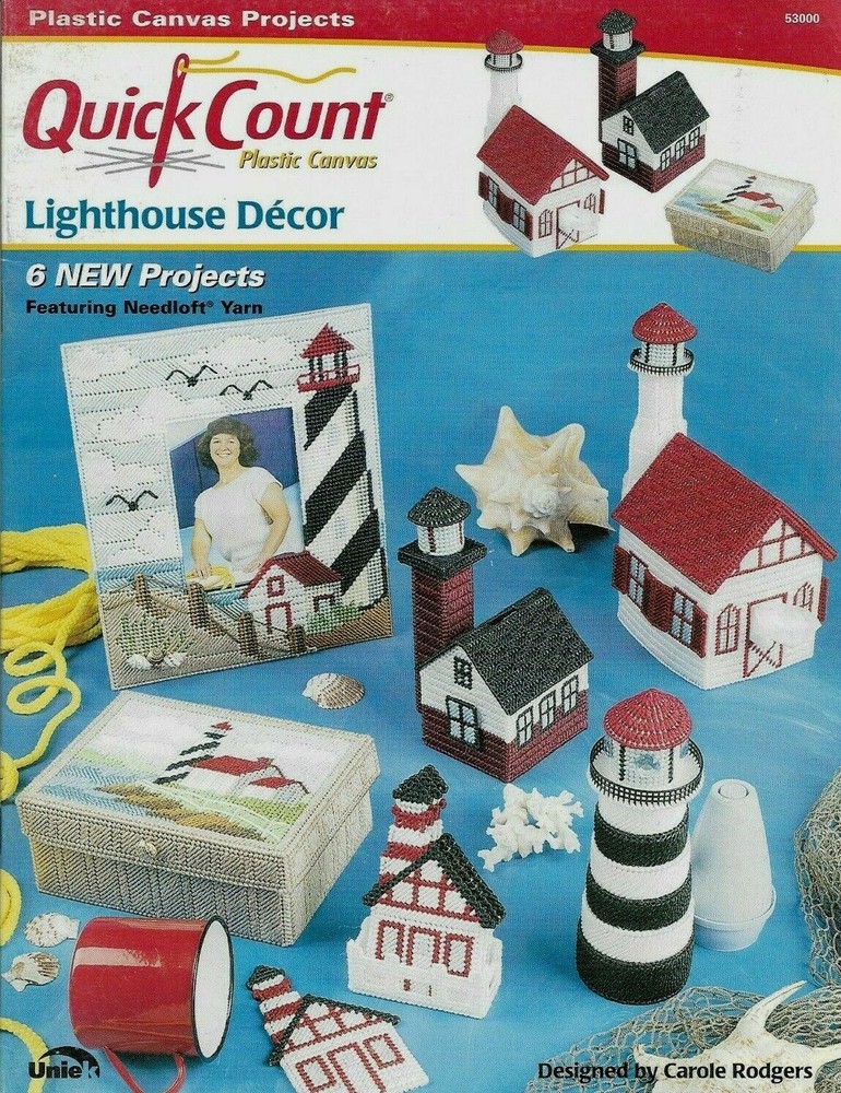 LIGHTHOUSE DECOR TISSUE COVER COASTERS FRAME PLASTIC CANVAS PATTERN BOOK