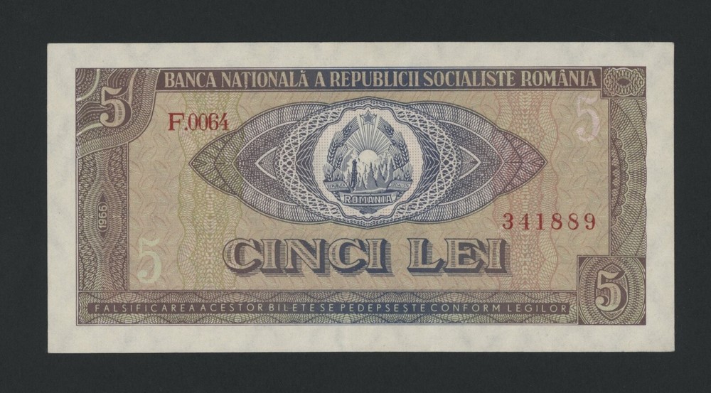 ROMANIA  5  LEI  1966  PICK # 93a  XF-AU