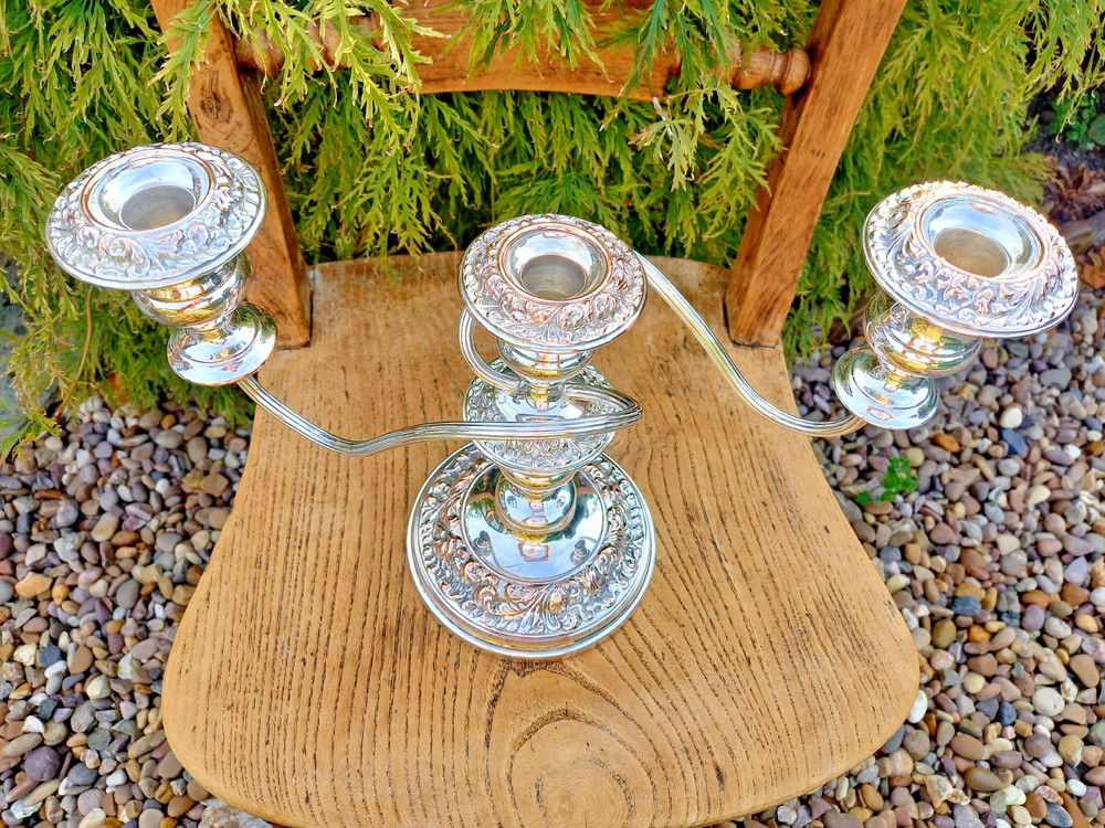 Antique Silver Plate on Copper Three Arm Candelabra