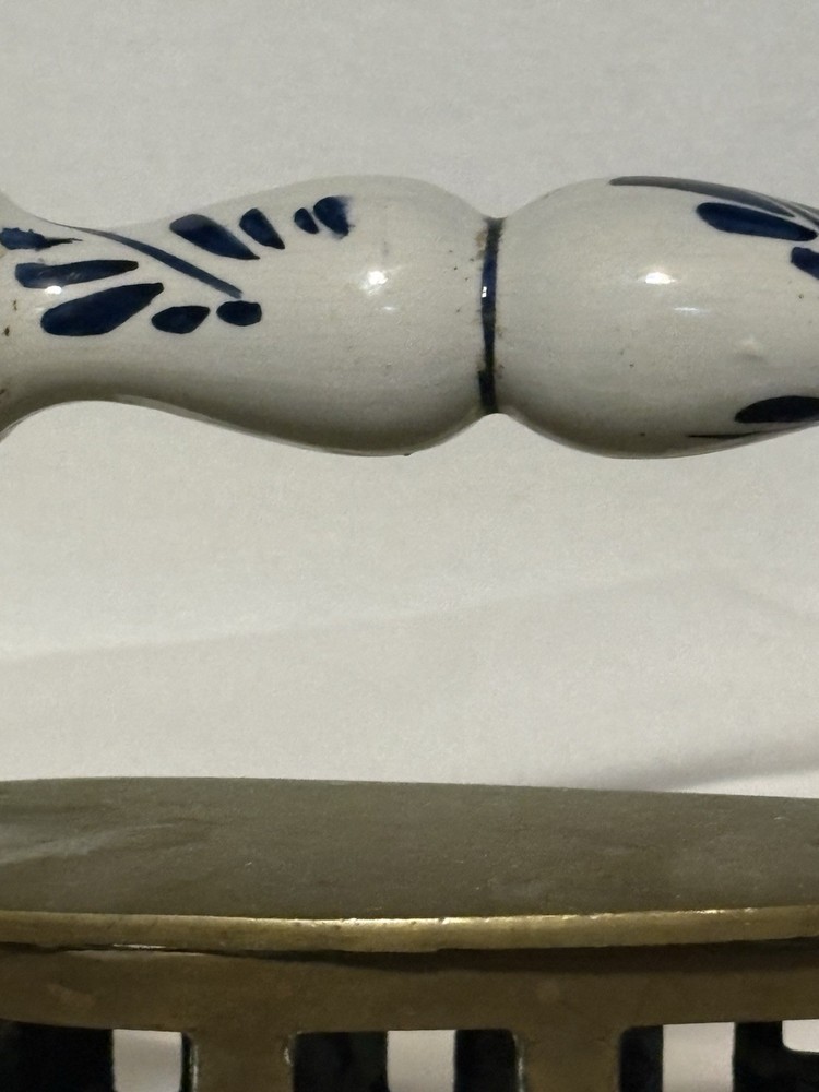 Antique Solid Brass Coal Iron Pottery Handle Dutch Delft White And Blue Handle
