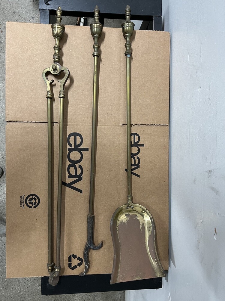 Vintage Solid Brass Fireplace 3 Tools with Stand Set