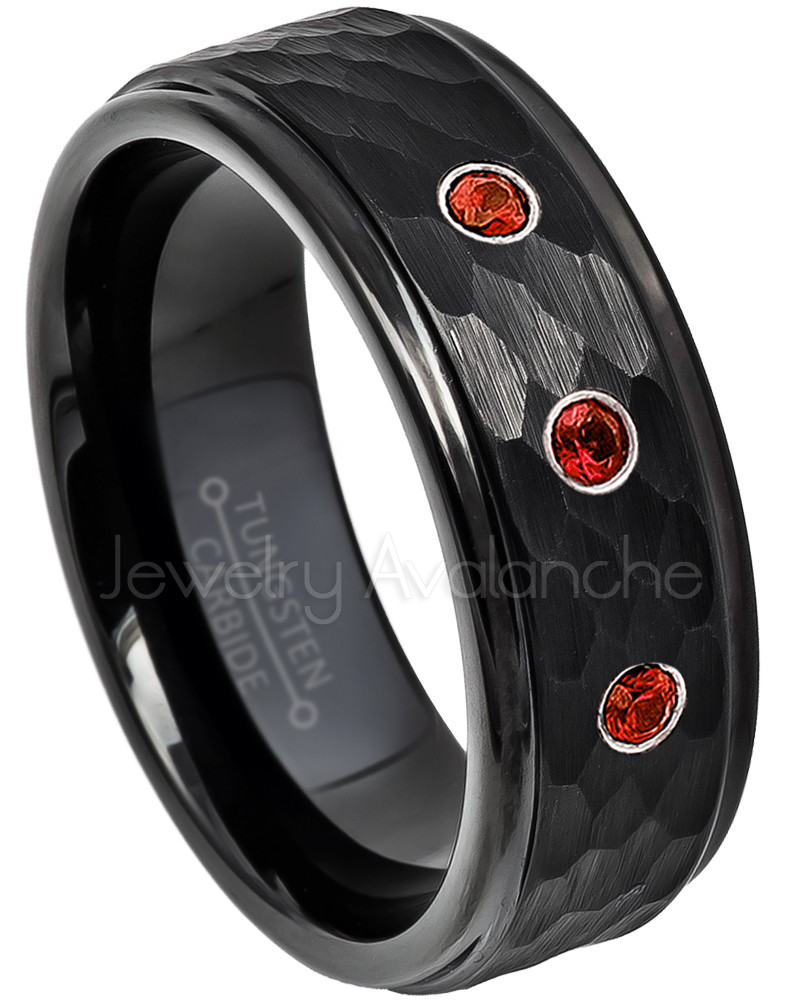 Hammered Tungsten Ring 0.21ctw Garnet 3-Stone Ring, January Birthstone Ring #614