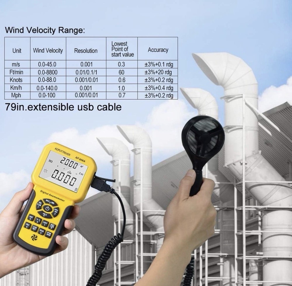 Pro HVAC Anemometer CFM Wind Speed Meter AP-856A USB Data Export