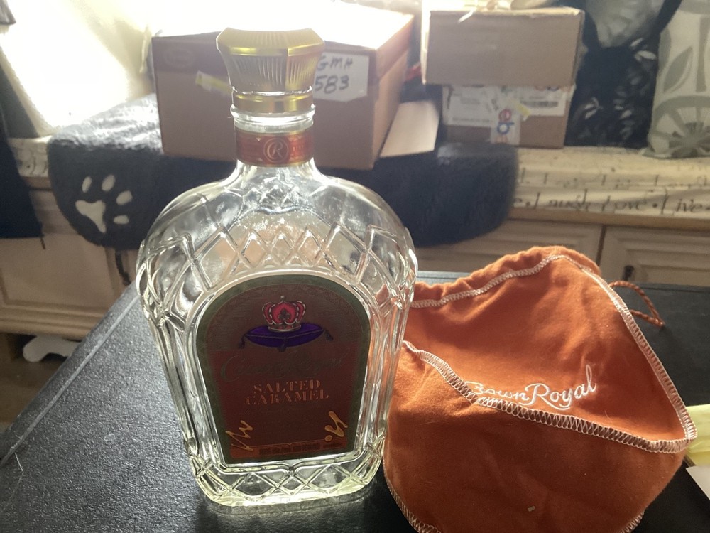 Empty Crown Royal Salted Carmal Whiskey Bottle w/Cloth Draw String Bag