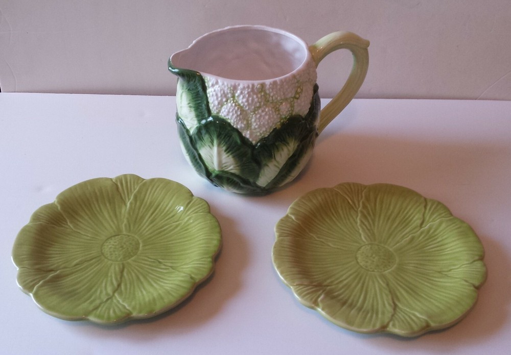 Unique Cauliflower Ceramic Pitcher with Two coordinating Green Flower Plates