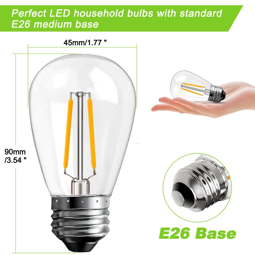 S14 E26 LED Bulbs Outdoor Edison Lights 2W, 15Pack for String Light Replacement