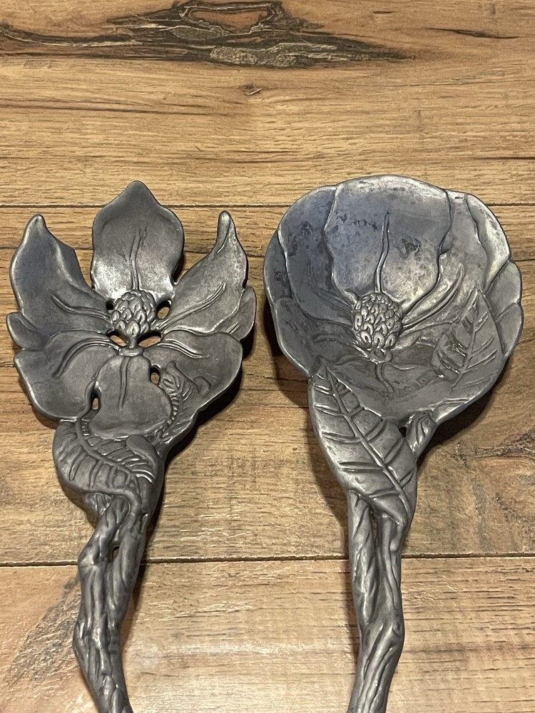 Aluminum "Magnolia" Serving Utensil Set Spoon & Fork Pair ~ EUC