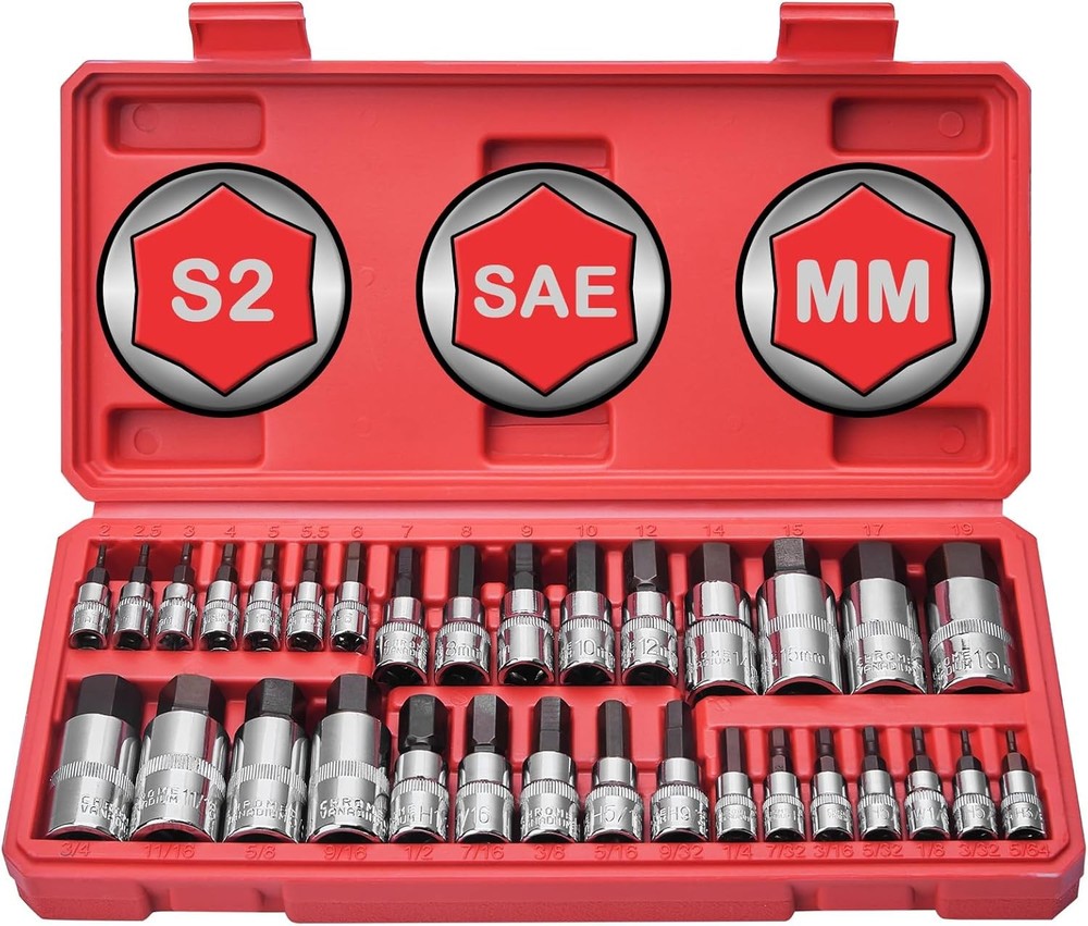 Hex Bit Socket Set 32-Piece, Allen Socket Set, 1/4'', 3/8”& 1/2'' Hex Drive