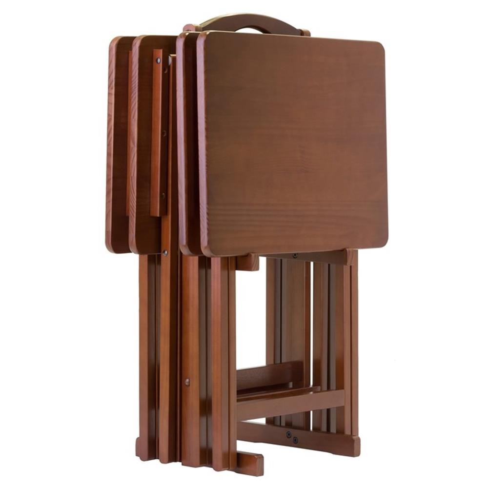 Pemberly Row 5-Piece Transitional Solid Wood Snack Table Set in Walnut