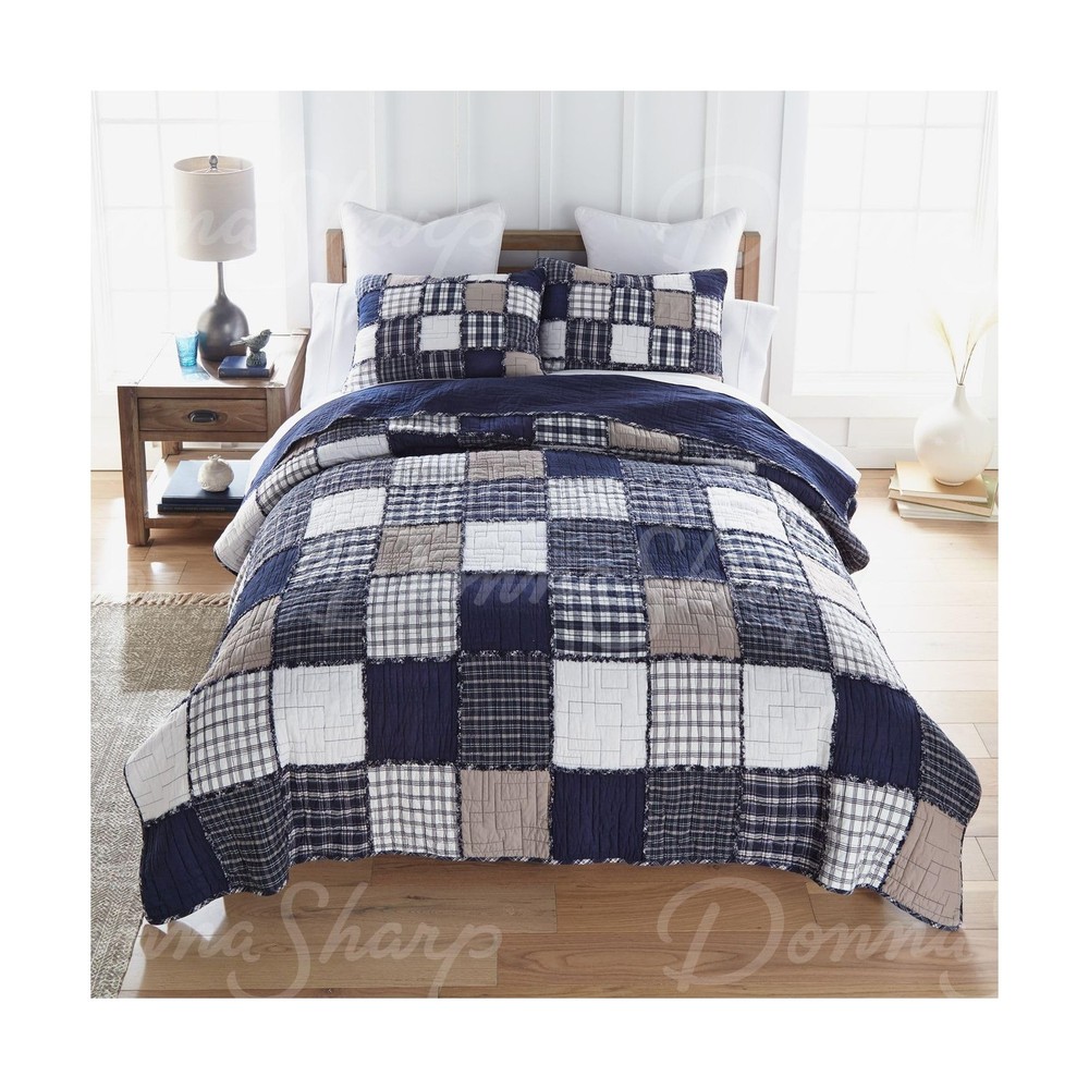 Donna Sharp Checkerboard Indigo Pieced Patchwork Quilt Bedding Set - 3-Piece ...