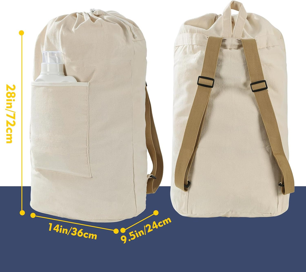 Canvas Laundry Bag, Washable Laundry Backpack, Adjustable Straps, Large Front Po