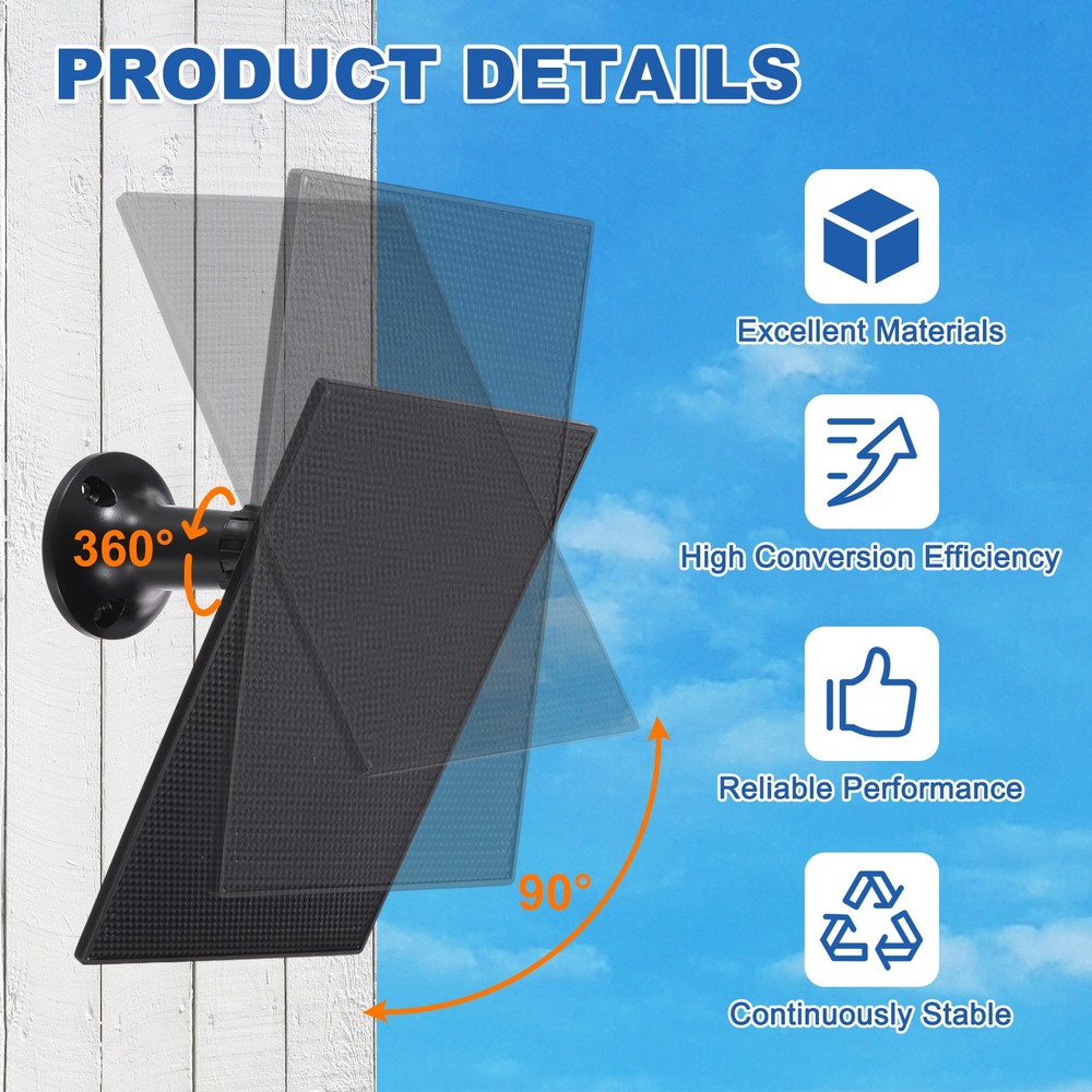 Solar Panel, 2W 6V USB Solar Panel Charger with 360 Wall Mount, Black