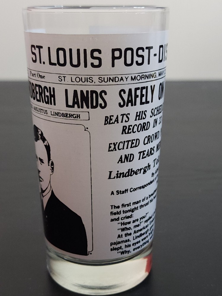 Charles Lindbergh Flight ACL DRINKING GLASS Newspaper Headline POST DISPATCH
