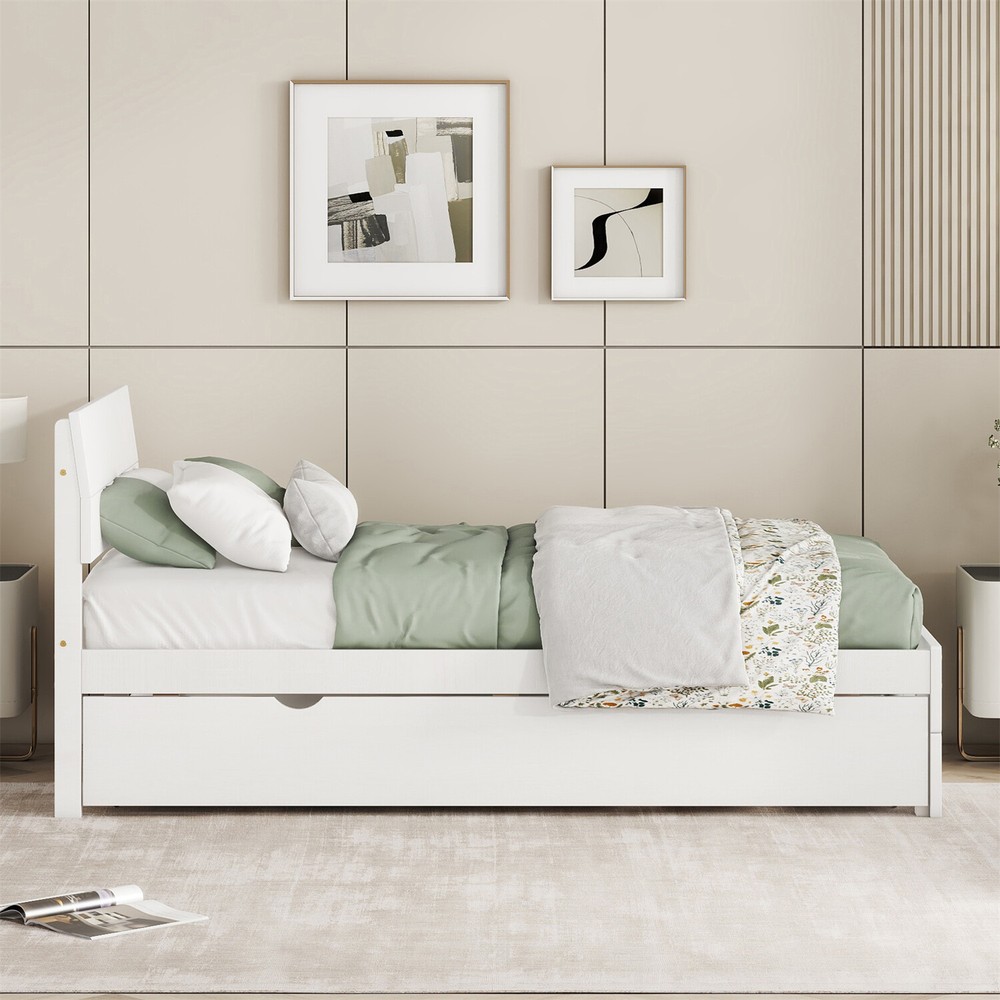 Twin Size Bed Frame Wood Platform Bed Frame w/ Headboard & Pull Out Trundle