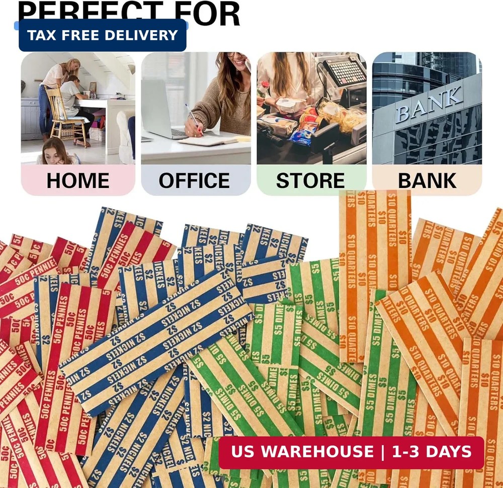 ESSENTIAL 100 pcs Assorted Packed Flat Stripped Coin Wrappers, Coin Rolls Wrappe