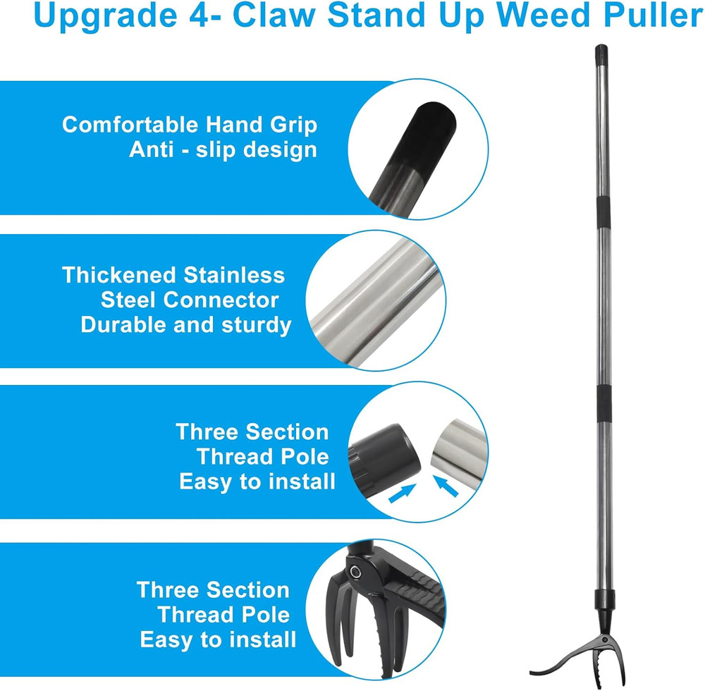 1Pcs Weed Puller, Stand up Weeder Weeding Tool, with Black Claw & Long Silver Me