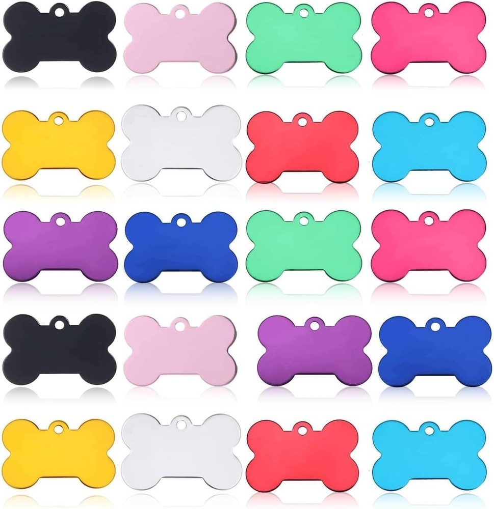 20 Pcs Vibrant Bone Shaped Pet ID Tags – Double-Sided, Engravable Aluminum